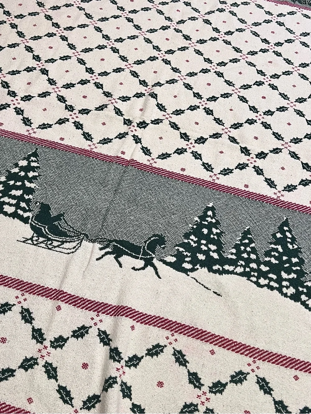 Vintage Christmas Horse Sleigh Woven Throw Blanket Reversible Fringe